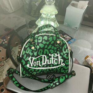 RARE VON DUTCH Women’s Green and Black Cheetah Small Bowling Crossbody